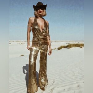Gold Sequin Bell Bottom Jumpsuit, Golden Cowgirl Outfit, Gold Festival Costume